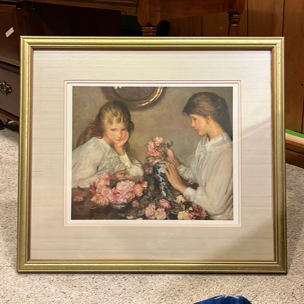 Oversized George Clausen framed painting 2 girls with roses